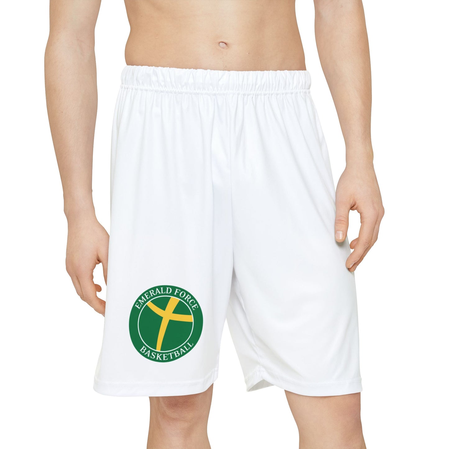 Men’s Basketball Shorts with Green & Yellow Cross Emblem — Athletic AOP Performance Shorts
